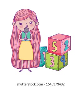 happy childrens day, cute girl sing with microphone block ball park vector illustration