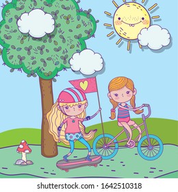 happy childrens day, cute girls riding bike and skateboard in the park vector illustration