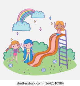 happy childrens day, cute girls playing in slide playground park vector illustration