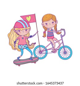 happy childrens day, cute girls riding bike and skateboard in the park vector illustration