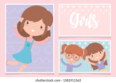 happy childrens day, cute little girls cartoon character portrait cards vector illustration