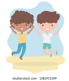 happy childrens day, cute little boys cartoon celebration vector illustration