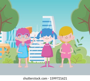 Happy Children's Day,  cute little girls cartoon in the street with trees vector illustration