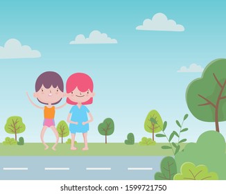 Happy Children's Day, cute little boys in the road with trees, vector illustration