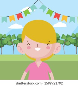 Happy Children's Day, cute little boy with bunting decoration outdoor, vector illustration
