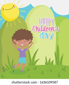 happy childrens day, cute little boy cartoon celebrating outdoors vector illustration