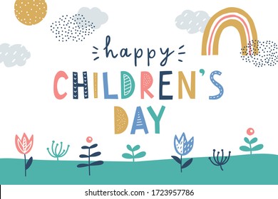 happy children's day, cute vector greeting card with funny letters in scandinavian style and cartoon landscape