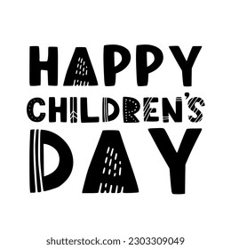 feliz día de los niños, linda tarjeta de saludo vectorial con letras graciosas al estilo escandinavo