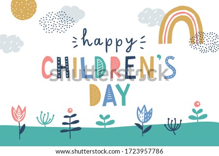 happy children's day, cute vector greeting card with funny letters in scandinavian style and cartoon landscape