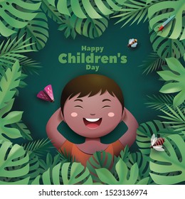 Happy Childrens Day Design. Children are very happy to experience the magic of rainforest. 