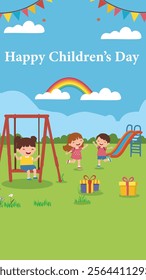 A Happy Children's Day design featuring children playing on swings and slides in a park, with gift boxes, a rainbow, and colorful bunting in the background