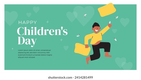 Happy Children's day design template. Laughing boy jumping throwing pillow. Smiling child playing around home. Web banner, greeting card, childhood concept. Kid leisure activity vector illustration