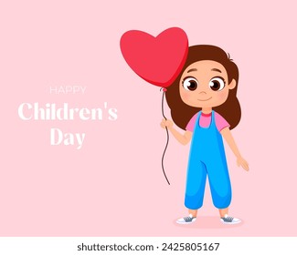 Happy Childrens day design template. Smiling girl holding heart shaped balloon. Joyful child playing favorite toy. Web banner, greeting card, childhood poster. Kid leisure activity vector illustration