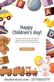 Happy Childrens day design template. Set of colorful wooden kids toys, cars, trains, building blocks.