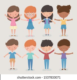 happy childrens day differents girls and boys open arms vector illustration