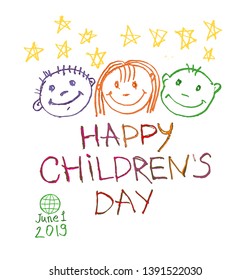 Happy Children's Day. Doodle holiday illustration to the International Children's Day. Children Art style drawing with colored pencils sketch. Vector logo with three funny baby faces and yellow stars 