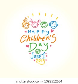 Happy Children's Day. Doodle holiday illustration to the International Children's Day. The logo is drawn by color markers. Children Art style sketch. Vector logo with funny baby faces by June 1, 2019.