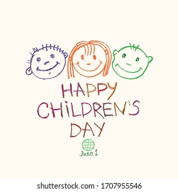 Feliz Día del Niño. Ilustración de las fiestas del Doodle al Día Internacional del Niño. Dibujo estilo Art infantil con boceto de lápices de colores. Logo vector con tres graciosas caras de bebé.