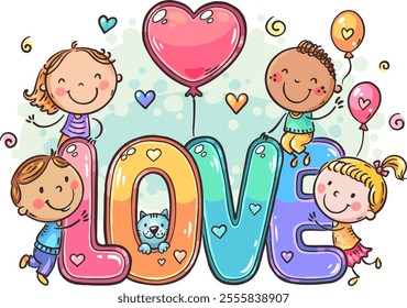 Happy children's day. Doodle kids with love lettering. Cartoon children with balloons