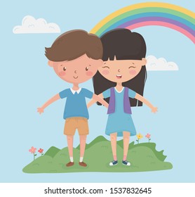 happy childrens day enjoy girl and boy field rainbow vector illustration