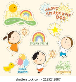 Happy Childrens' Day fun sticker design. Happy school children playing, having fun activities.
