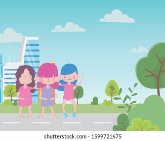 Happy Children's Day, funny group little girls in the street city, vector illustration
