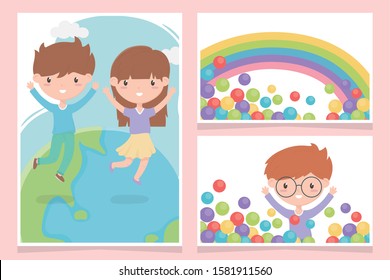 happy childrens day, funny kids cartoon charatcer celebration cards vector illustration