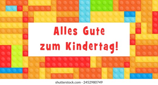 Alles Gute zum Kindertag in deutscher Sprache. Grußkarte oder Banner-Design mit bunten Spielzeugbausteinen.