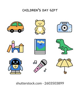 Happy Children's Day gift illustration set. Isolated icons of presents for kids. Outline vector images on a white background. 