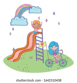 happy childrens day, girl playing in slide and girl riding bike in the park vector illustration