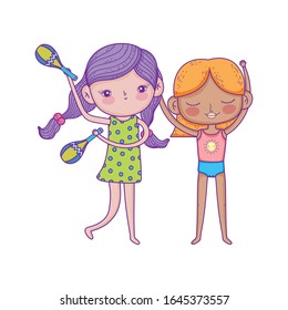 happy childrens day, girls with maraca music cartoon characters vector illustration