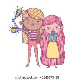 happy childrens day, girls with microphone and maraca music outdoor vector illustration
