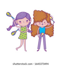 happy childrens day, girls with microphone and maraca music outdoor vector illustration