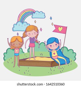 happy childrens day, girls playing in sandbox playground outdoors vector illustration