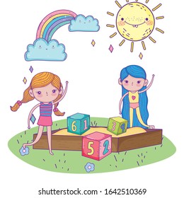 happy childrens day, girls in sandbox with numbers blocks park vector illustration