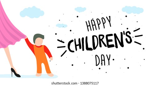 Happy Childrens Day greeting card, banner or poster. Little child clings to mom dress. 1 june world family holiday event design. Vector illustration with beautiful woman and kid
