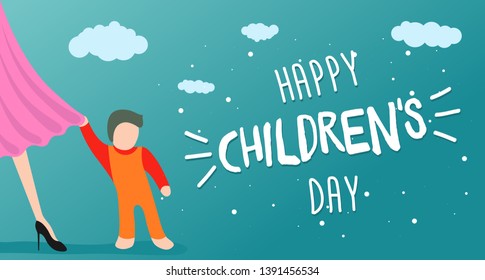 Happy Childrens Day greeting card, banner or poster. Little child clings to mom dress. 1 june world family holiday event design. Vector illustration with beautiful woman and kid