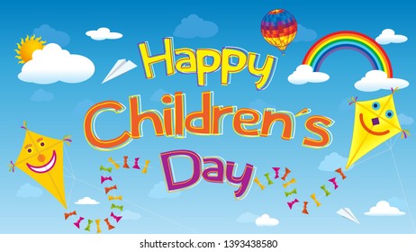 Happy Children's Day greeting card. Letters floating in the sky surrounded by smiling kites, clouds, rainbows, aerostat balloon and paper airplanes over a blue sky. Vector image