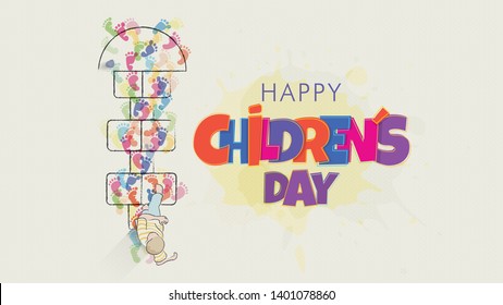 Happy Children's Day greeting card. Child's drawing seen from above starting to jump the game of hopscotch drawn on the floor full of colorful footsteps with the title next to it in blue, purple color