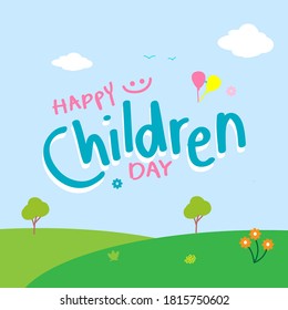 Happy Children's Day greeting card. Doodle letters on white background with child style. Vector illustration