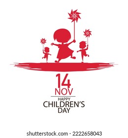 Happy Children's Day greeting card. Colored letters on a yellow ribbon with a child flying