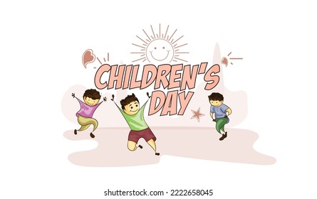 Happy Children's Day greeting card. Colored letters on a yellow ribbon with a child flying