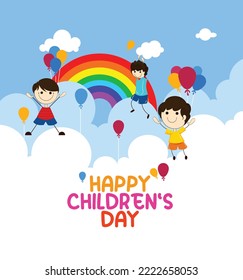 Happy Children's Day greeting card. Colored letters on a yellow ribbon with a child flying