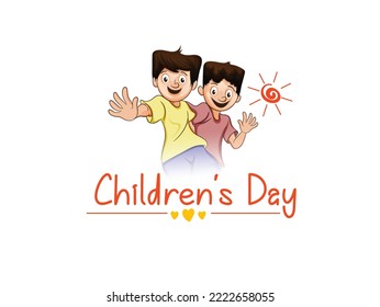 Happy Children's Day greeting card. Colored letters on a yellow ribbon with a child flying