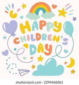 Happy Children's Day. Greeting card for Children's Day. Happy children's day for international children celebration Hand-drawn vector balloons, colored letters, palm, clouds, stars in cartoon style.