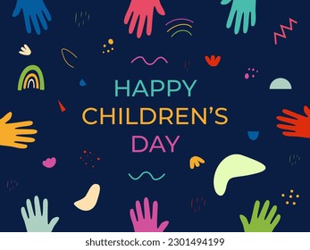 Happy Children's Day greeting card. Colorful hands. World Children's Day banner. Vector cartoon doodle. Poster in retro style. International celebrate. Colored letters.