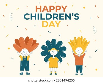 Happy Children's Day greeting card. Colored letters. World Children's Day banner. Vector cartoon with boy and girl in the form of flowers. Poster for social media. Children are the flowers of life.