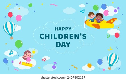 Happy Children's Day greeting card vector illustration. Child ride plane in the sky background 