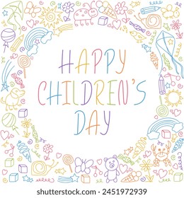 Happy Children's Day greeting card. Colored doodle illustration. Round frame of children's drawings. Funny happy childhood background