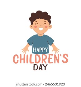 Happy children's day greeting card. Smiling child and colorful lettering isolated on white background. Holiday flat design for banner, poster, flyer. Vector illustration.